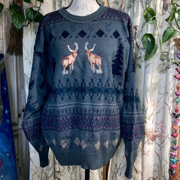 Vintage Pendleton 80s 90s Deer Buck Antlers Embroidered Wool Sweater Large - Picture 2 of 8